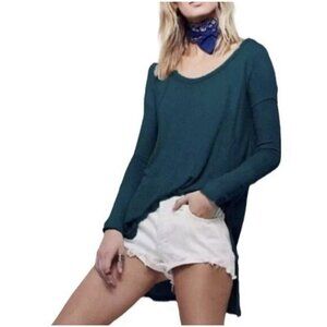 Free People Ventura Top Thermal Waffle Long Sleeve High Low Tunic Small Green